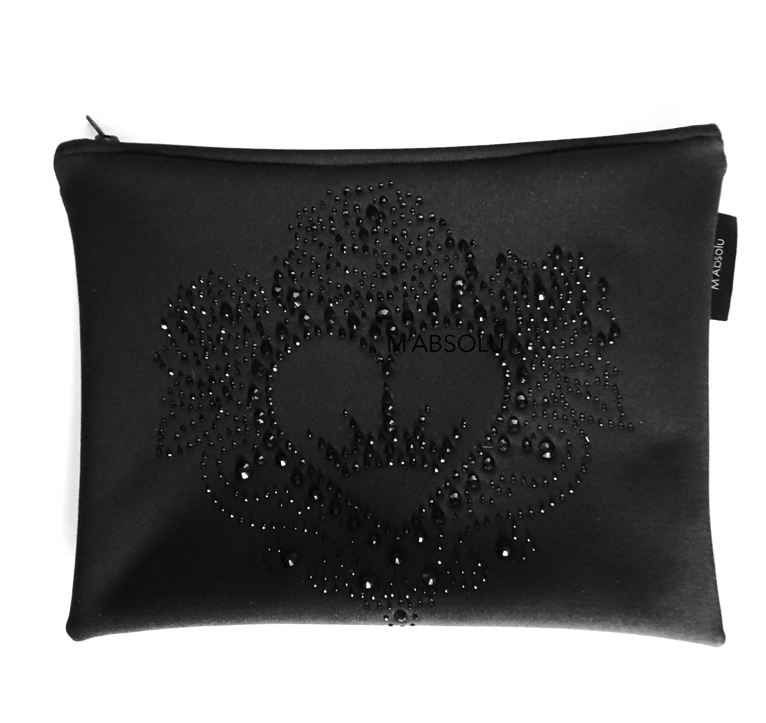 GRANDE POCHETTE "LOUISE " noire SOFTSHELL avec strass "coeur & couronne"