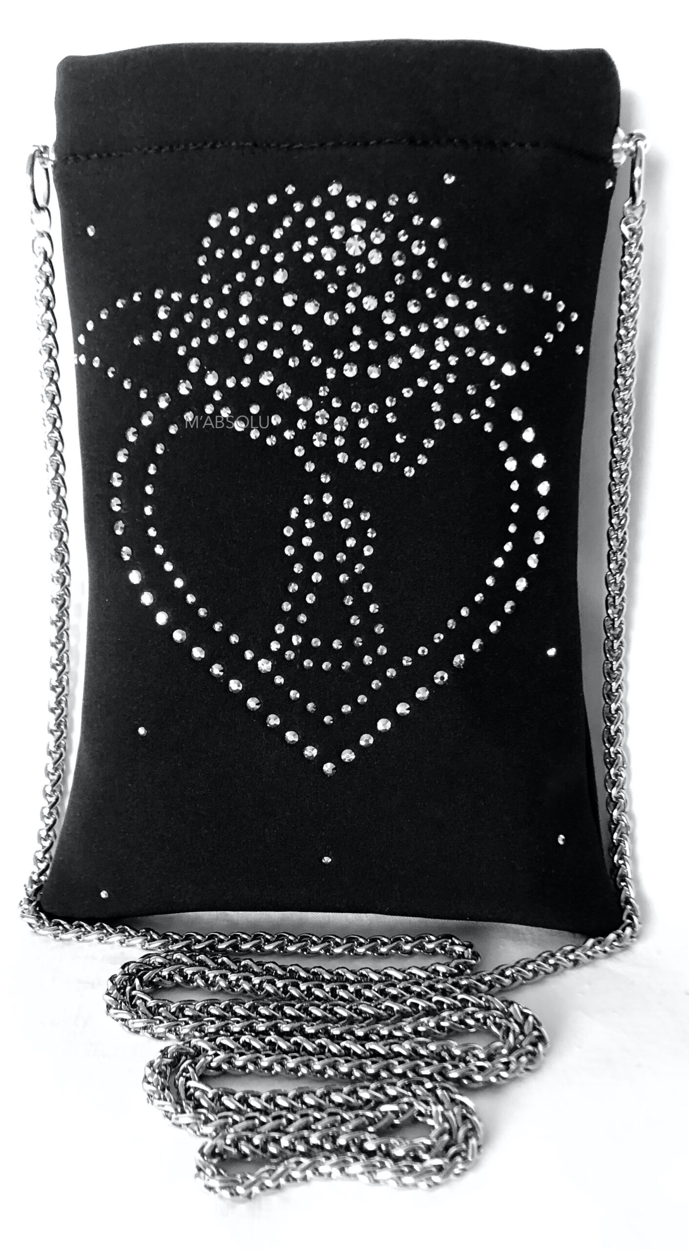 ÉTUI "ALICE 2" NOIR SOFTSHELL avec strass "COEUR" et chainette