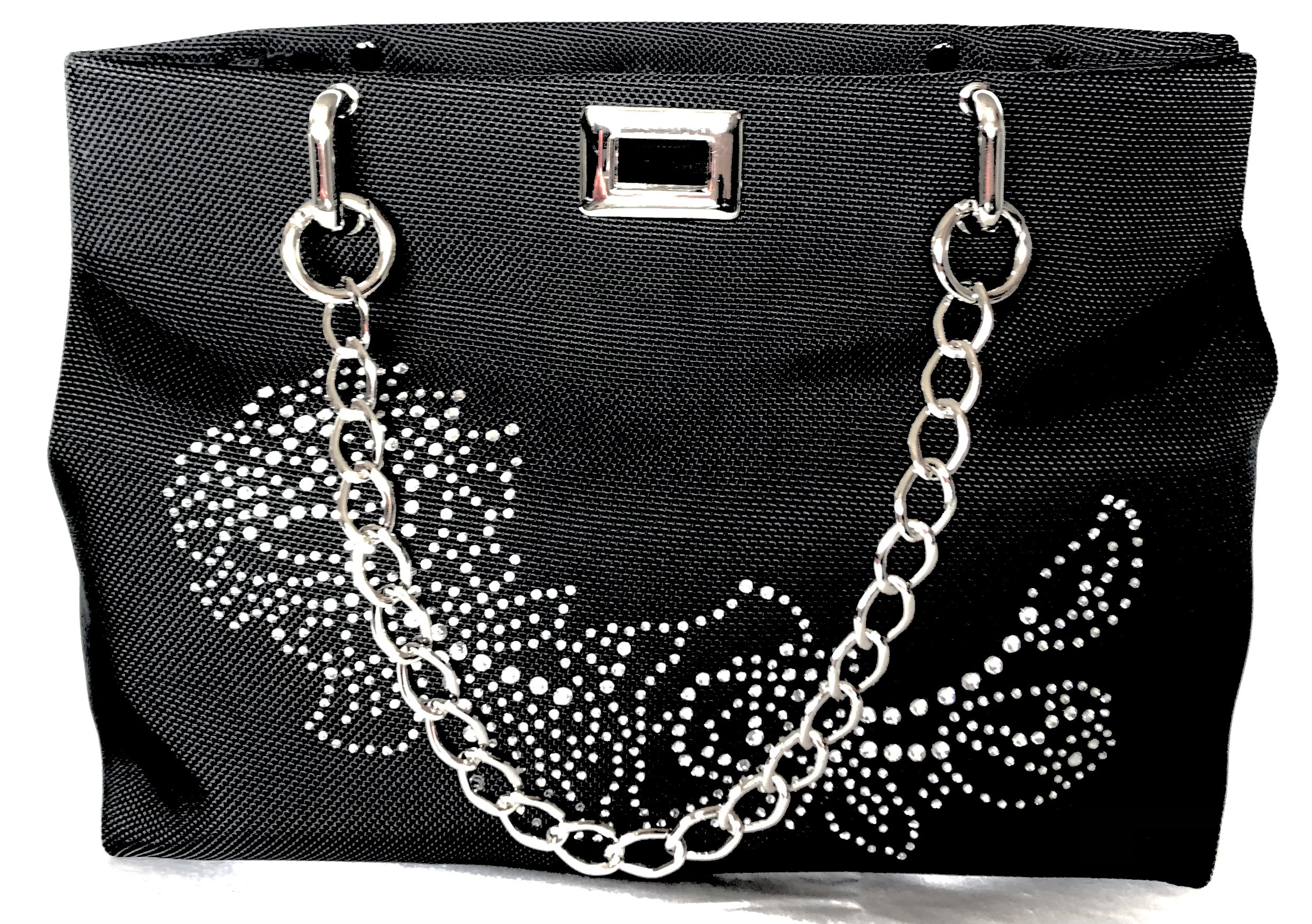 SAC A MAIN "GLORIA" noir en pvc luxe avec chaîne Nickelée et strass