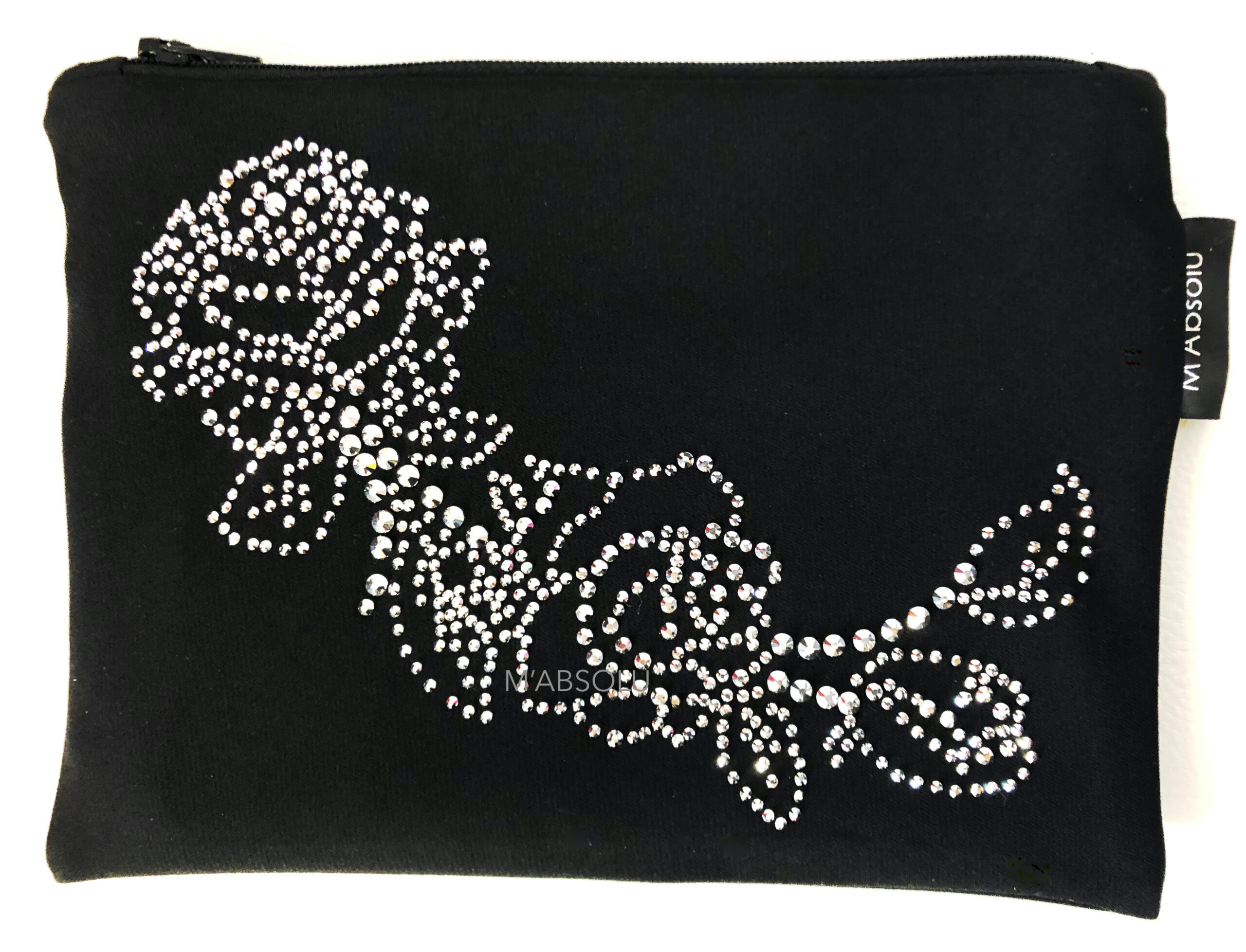 POCHETTE "LOUISE " NOIRE DOUBLE WEAVE AVEC STRASS "ROSE"