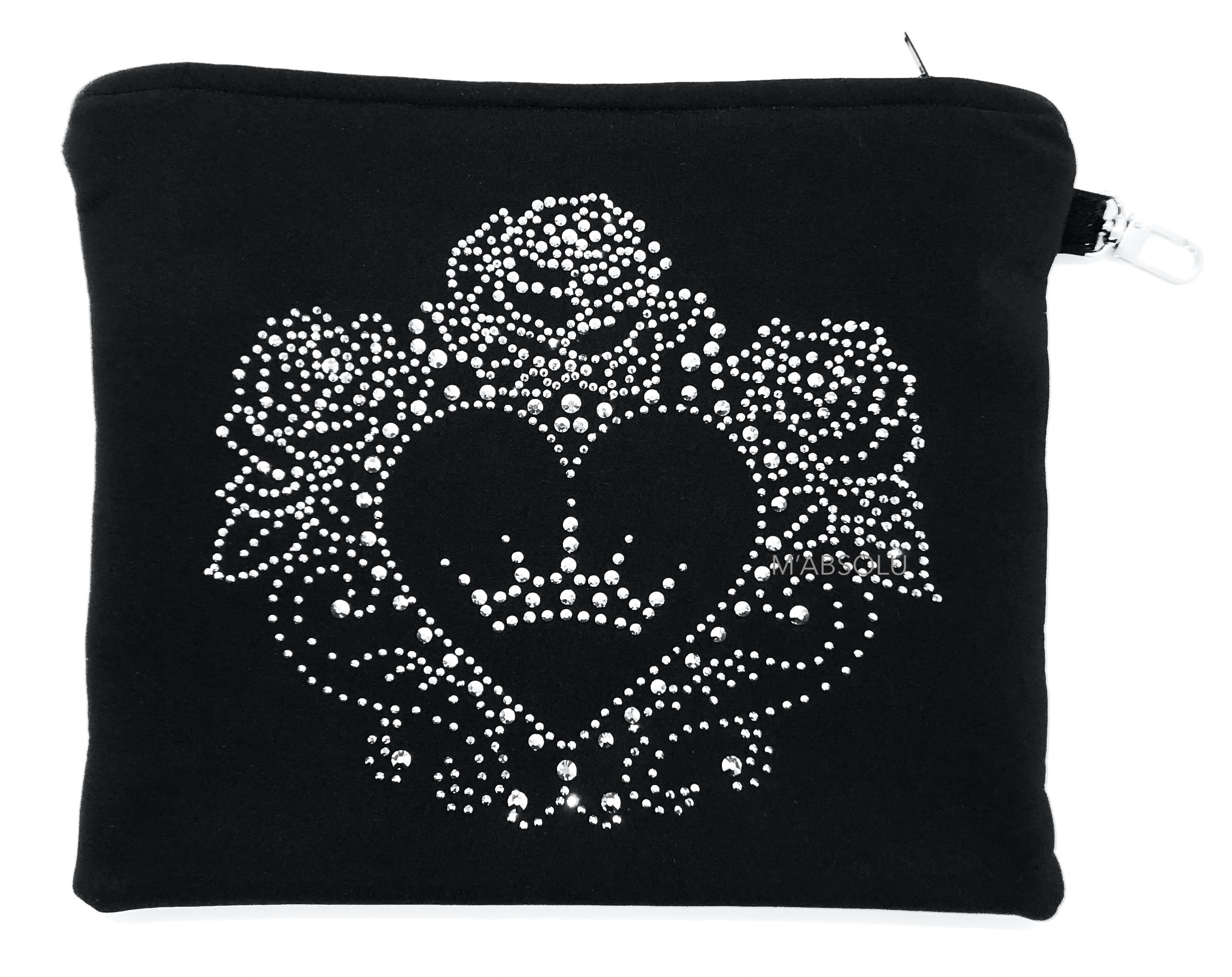 GRANDE POCHETTE "LOUISE " noire SOFTSHELL avec strass "coeur, ROSE & couronne"