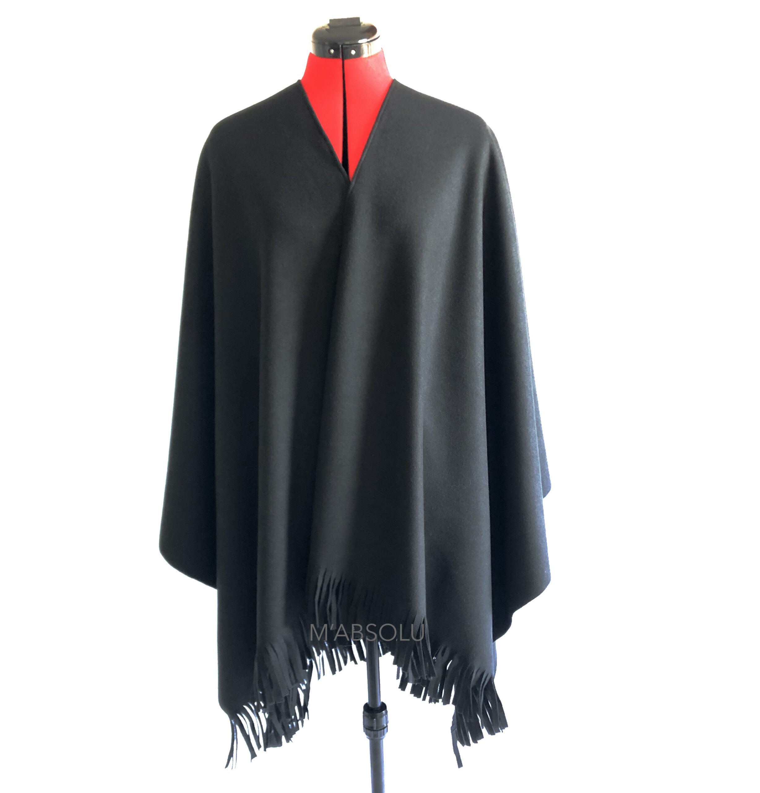 PONCHO LAINE « ESMÉE » NOIR AVEC FRANGE ET STRASS