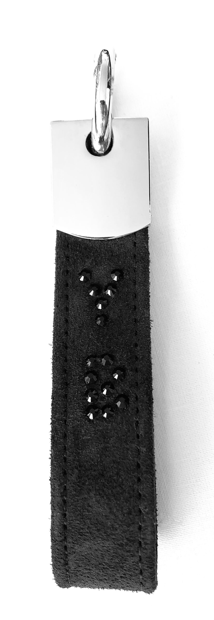 Porteclé "EVA 2" velour de cuir Gris avec strass Noir - Motif Initiales