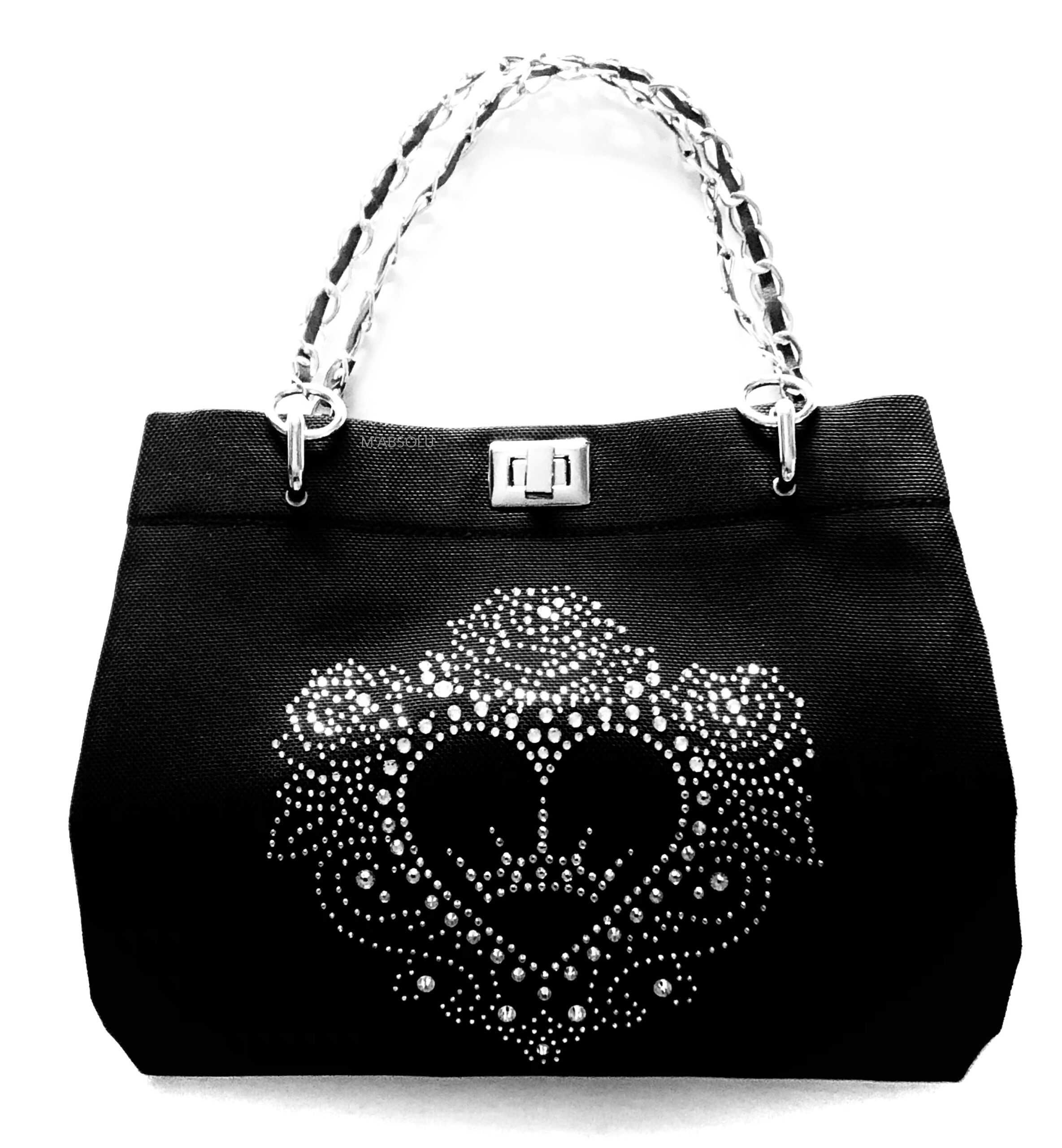 SAC A MAINS "GLORIA" HAUT - MOTIFS STRASS (RECTO) "ROSES COEUR & COURONNE"