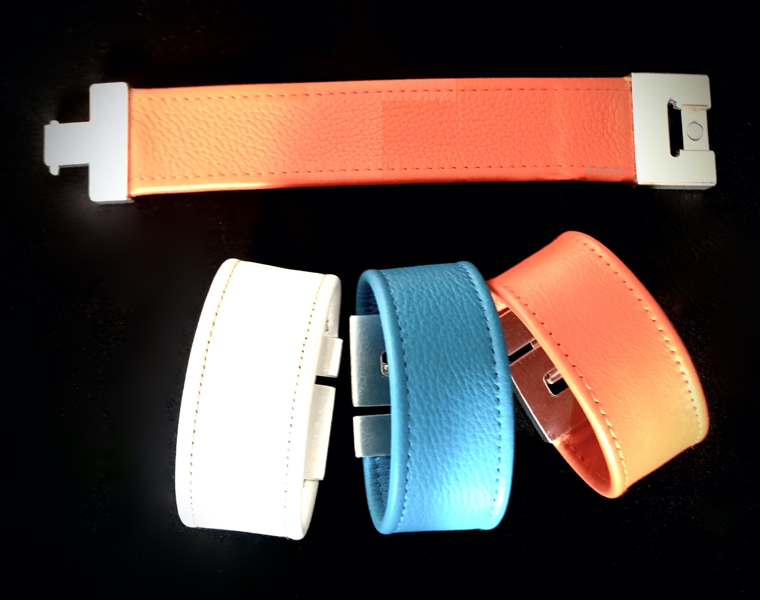 Bracelets Cuir de Veau 30 MM orange Bleu turquoise et blanc